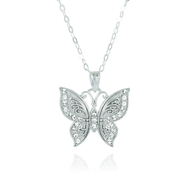 Silver Crystal Butterfly Love Heart Necklace Pendant Chain Women Dress Jewellery